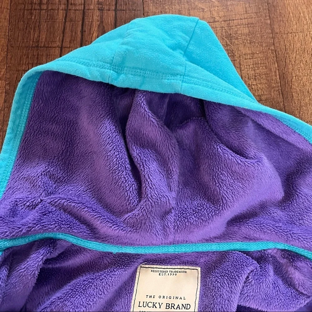 Lucky brand girls faux fur jacket Sz small 7/8 blue purple white pockets